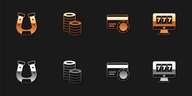 At nalı, kumarhane fişleri, kredi kartı ve piyango ikonlu online kumar makinesi. Vektör