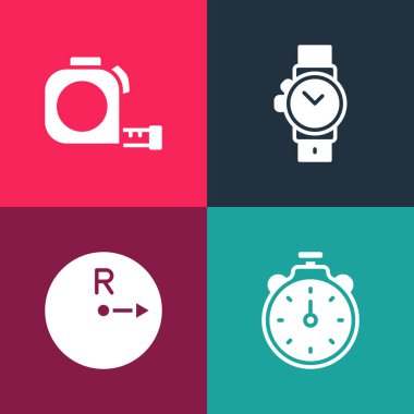Pop sanat Stopwatch, Radius, Bilek ve Rulet inşaat ikonunu ayarla. Vektör