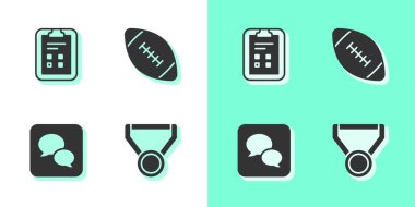 Madalya al, sınav kağıdını işaretle, konuşma balonu sohbeti yap ve Amerikan futbol topu ikonu yap. Vektör