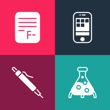 Pop sanat test tüpü ve matara, kalem, akıllı telefon ve sınav kağıdını yanlış cevap ikonu ile ayarla. Vektör