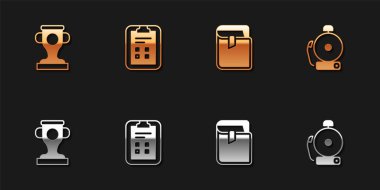 Ödül bardağını, sınav kağıdını işaretli, Kitap ve Çalan Alarm Çanı simgesini ayarla. Vektör