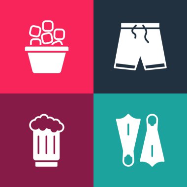 Pop sanat yüzgeçlerini yüzmeye, tahta bira bardağına, yüzme şortuna ve buz kovası ikonuna ayarla. Vektör