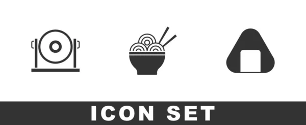 Nastavit Gong Asijské Nudle Misce Sushi Ikonu Vektor — Stockový vektor