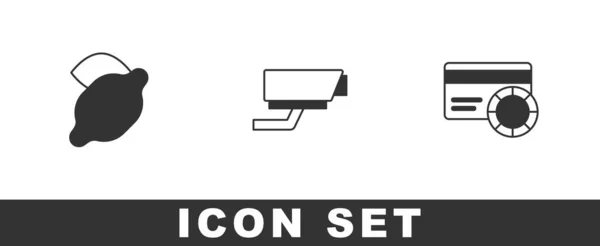 Set Casino Slot Machine Lemon Security Camera Credit Card Icon — Stock Vector