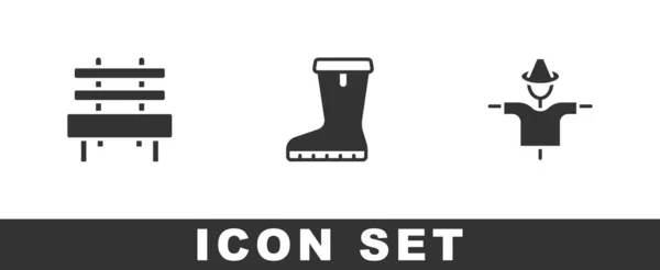 Set Bench Waterproof Rubber Boot Scarecrow Icon Vector — Stock Vector