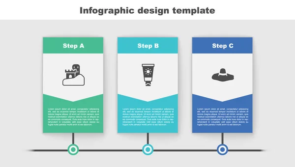 Set Zandkasteel Zonnebrandcrème Tube Elegante Dameshoed Bedrijfsinfographic Sjabloon Vector — Stockvector