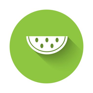 Uzun gölgeli beyaz karpuz ikonu. Yeşil daire düğmesi. Vektör.