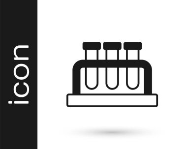 Beyaz arka planda siyah test tüpü ve kimyasal test ikonu izole edildi. Laboratuvar cam levhası. Vektör.