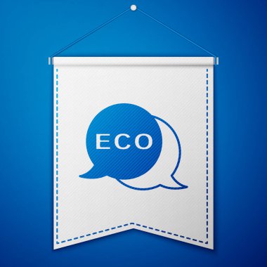 Mavi Sancak, etiket, etiket, eko yeşil sağlıklı yiyecek simgesi için logo mavi arka planda izole edilmiş. Organik ürün. Sağlıklı yemek etiketi. Beyaz flama şablonu. Vektör.