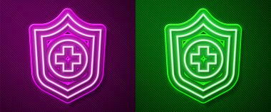 Parlayan neon çizgisi hayat sigortası elinde mor ve yeşil arka planda izole edilmiş bir ikon. Güvenlik, güvenlik, koruma, konsept koruma. Vektör.