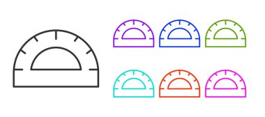 Beyaz zemin üzerinde izole edilmiş derece simgesini ölçmek için siyah çizgi açıcı ızgarası. Eğim ölçer. Ölçme aleti. Geometrik sembol. Simgeleri renklendirin. Vektör.