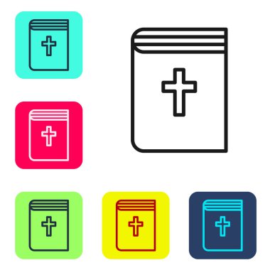 Siyah çizgi. Kutsal İncil ikonu beyaz arka planda izole edilmiş. Renkli kare düğmelerle simgeleri ayarla. Vektör.