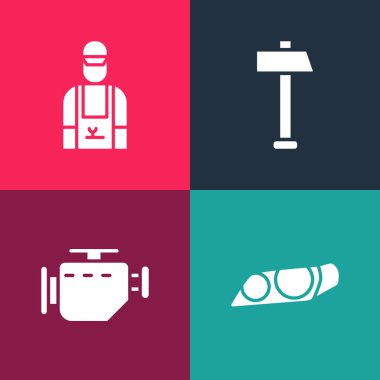 Pop Art Car 'ın farlarını yak, motoru kontrol et, Hammer ve tamirci simgesini ayarla. Vektör.