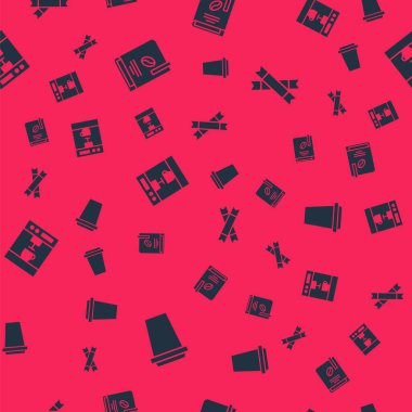 Kahve fincanını hazır et, kitap, makine ve şeker paketlerini pürüzsüz bir şablona ayarla. Vektör.