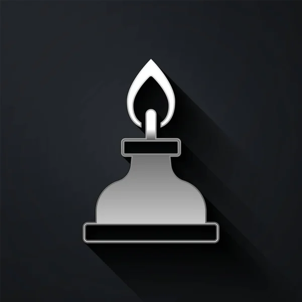 Zilverkleurige Alcohol Spiritusbrander Pictogram Geïsoleerd Zwarte Achtergrond Chemische Apparatuur Lange — Stockvector