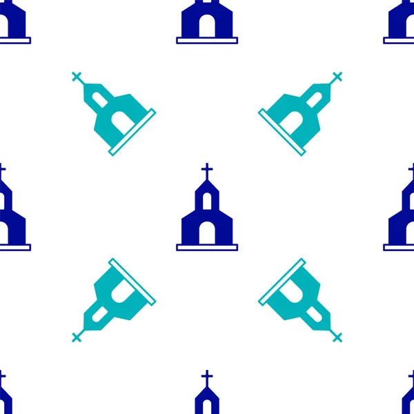 Ícone Construção Igreja Azul Isolado Padrão Sem Costura Fundo Branco — Vetor de Stock