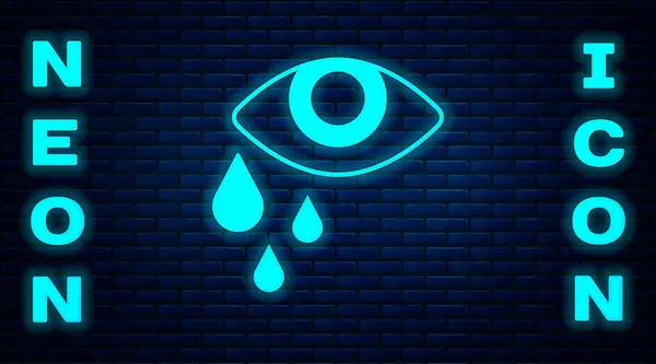 Glowing Neon Tear Cry Eye Icon Isolated Brick Wall Background — Stock Vector