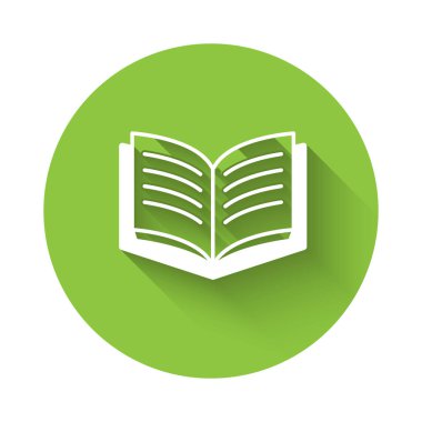 Beyaz Açık Kitap simgesi uzun gölgeyle izole edildi. Yeşil daire düğmesi. Vektör.