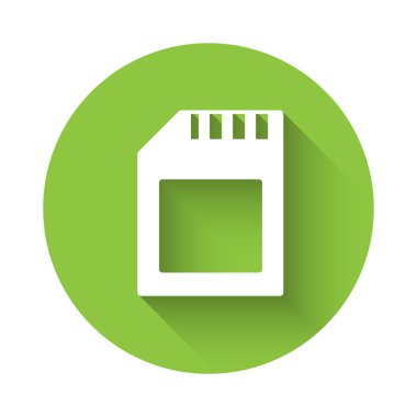 Beyaz SD kart simgesi uzun gölgeyle izole edildi. Hafıza kartı. Adaptör simgesi. Yeşil daire düğmesi. Vektör.