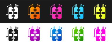 Aqualung simgesini siyah beyaz arkaplanda izole et. Dalgıçlar için oksijen tüpü. Dalış ekipmanları. Olağanüstü bir spor. Spor malzemeleri. Vektör.