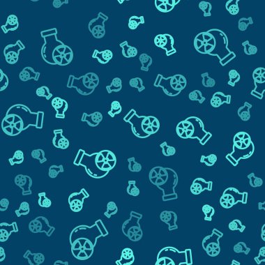 Zehirli sıvı ikona sahip yeşil çizgi laboratuvar kimyasal deney şişesi mavi arka planda izole edilmiş. Biyolojik tehlike sembolü. Radyasyon ikonu olan tehlikeli bir sembol. Vektör.