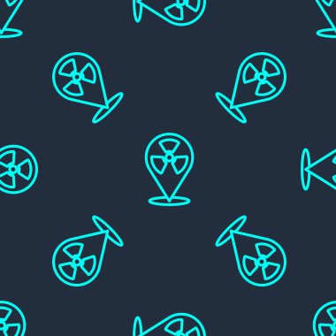 Konum simgesindeki yeşil çizgi mavi arkaplanda izole edilmiş pürüzsüz desen. Radyoaktif zehirli sembol. Radyasyon tehlikesi işareti. Vektör.