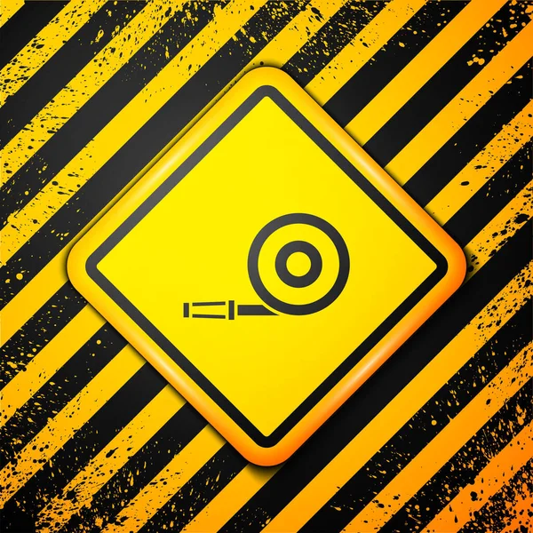 Black Fire Hose Reel Icon Isolated Yellow Background Warning Sign — Stock Vector