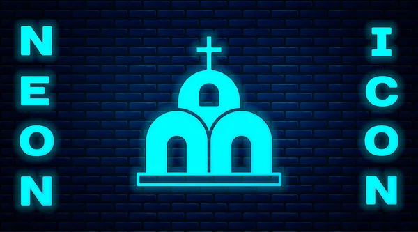 Светящаяся Икона Здания Неоновой Церкви Изолирована Фоне Кирпичной Стены Христианская — стоковый вектор