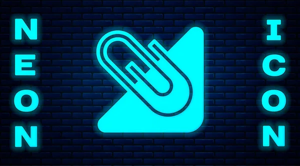 Glowing Neon Paper Clip Icon Isolated Brick Wall Background Vector — Stock Vector