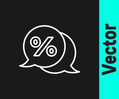 Beyaz çizgi indirimli etiket simgesi siyah arkaplanda izole edildi. Etiket alışverişi. Özel teklif işareti. İndirim kuponları sembolü. Vektör.