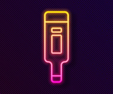 Tıbbi inceleme ikonu için parıldayan neon hattı dijital termometre siyah arka planda izole edildi. Vektör.