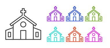 Siyah çizgi kilise binası ikonu beyaz arka planda izole edilmiş. Hıristiyan Kilisesi. Kilisenin dini. Simgeleri renklendirin. Vektör.