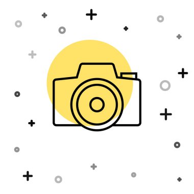 Siyah çizgi fotoğraf makinesi simgesi beyaz arkaplanda izole edildi. Foto kamera. Dijital fotoğrafçılık. Rastgele dinamik şekiller. Vektör.
