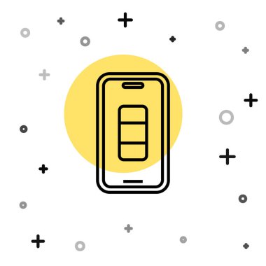 Beyaz arkaplanda siyah çizgi akıllı telefon şarj ikonu izole edildi. Şarjı az bir telefon. Rastgele dinamik şekiller. Vektör.