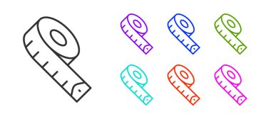 Beyaz arkaplanda izole edilmiş siyah çizgi mezura simgesi. mezura. Simgeleri renklendirin. Vektör.