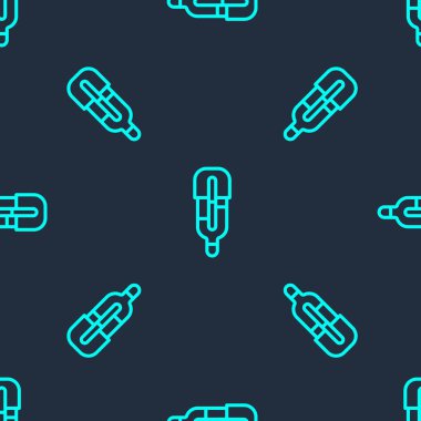 Tıbbi inceleme ikonu için yeşil çizgi tıbbi termometresi mavi arka planda izole edilmiş pürüzsüz desen. Vektör.