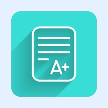 A + notu olan beyaz çizgi sınav kağıdı uzun gölgeli izole edilmiş. Sınav kağıdı, sınav ya da araştırma konsepti. Sınav ya da sınav. Yeşil kare düğmesi. Vektör.