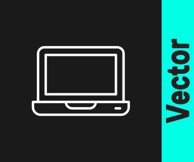 Beyaz çizgi dizüstü bilgisayar simgesi siyah arkaplanda izole edildi. Boş ekran işaretli bilgisayar defteri. Vektör.