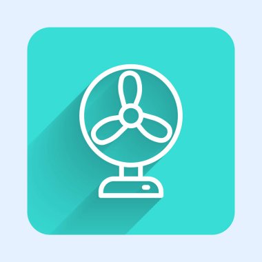 Beyaz çizgi Electric fan simgesi uzun gölgeli izole edilmiş. Yeşil kare düğmesi. Vektör.