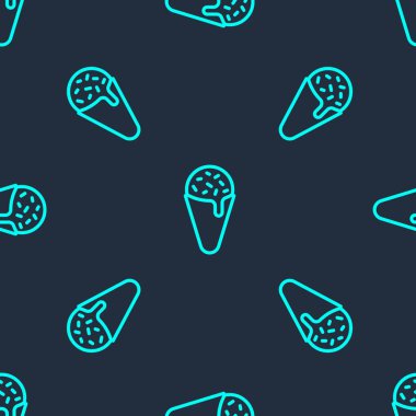 Yeşil çizgi dondurma, waffle konisi ikonu, mavi arkaplanda izole edilmiş, pürüzsüz desen. Güzel sembol. Vektör.