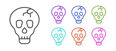 Siyah çizgi Kafatası simgesi beyaz arkaplanda izole edildi. Mutlu Cadılar Bayramı Partisi. Simgeleri renklendirin. Vektör.