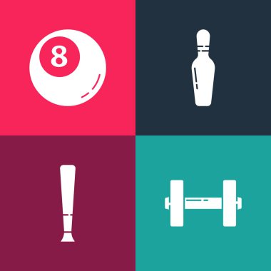 Popüler sanat Dumbbell, beysbol sopası, bowling broşu ve bilardo bilardo ikonu. Vektör.