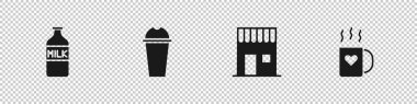 Sütlü şişe, milkshake, kahve dükkanı, bardak ve kalp ikonu. Vektör.