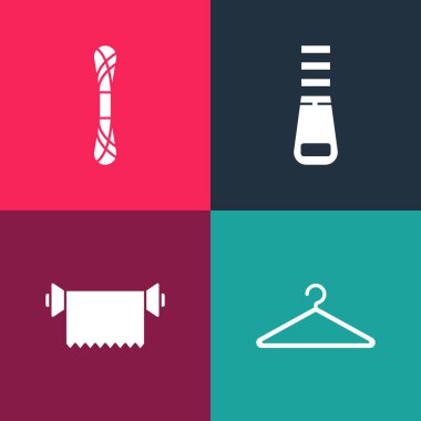 Pop Art Hanger gardırobu, tekstil kumaş rulosu, fermuar ve iplik simgesini ayarla. Vektör.