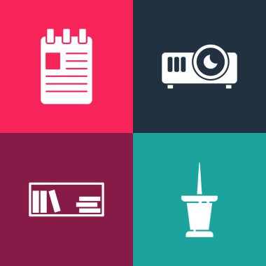 Pop Art Push pimi, kitaplı Shelf, film, medya projektörü ve Spiral defter simgesini ayarla. Vektör.