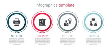 Set Printer, Planlama Stratejisi, Ampullü İnsan ve İki Oturan Adam Konuşuyor. Ticari bilgi şablonu. Vektör.