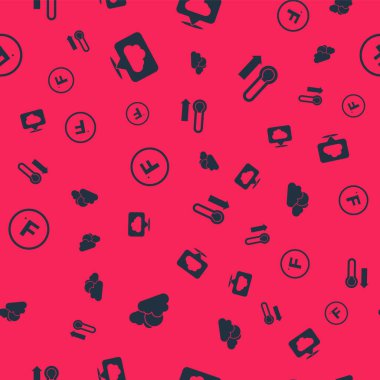 Güneş 'i, bulutları, konumu, Fahrenheit' i ve Meteoroloji termometresini pürüzsüz desene ayarlayın. Vektör.