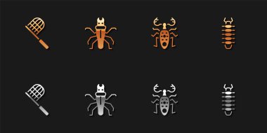 Kelebek ağı, Termit, Böcek geyiği ve Çıyan simgesini ayarla. Vektör.