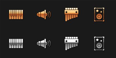 Grand piano, Hoparlör sesi, Pan flütü ve Stereo hoparlör ikonu ayarla. Vektör.