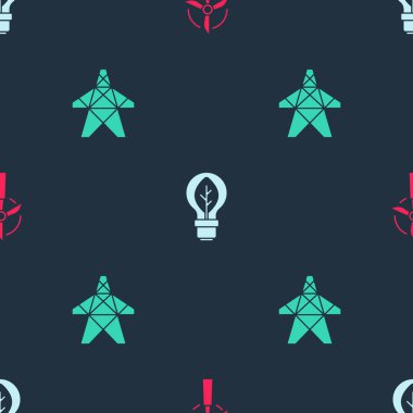 Rüzgar türbini, yapraklı ampul ve elektrik kulesini sorunsuz bir şekilde ayarlayın. Vektör.